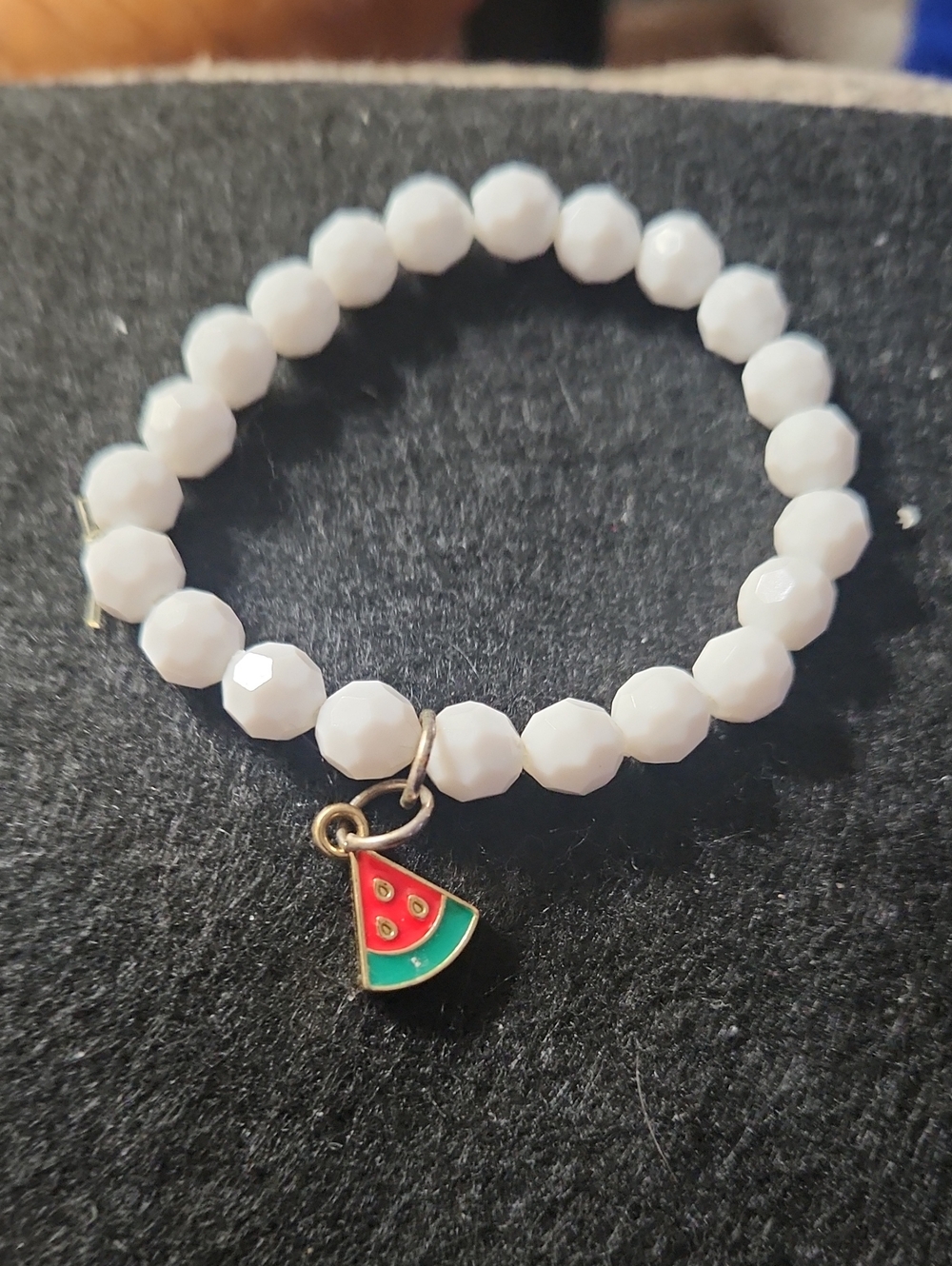 Hand Crafted White Bead Bracelet with Red and Green Watermelon Charm